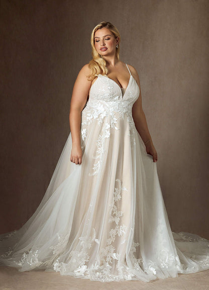Diamond White Champagne A-Line V-Neck Sequins Tulle Dress