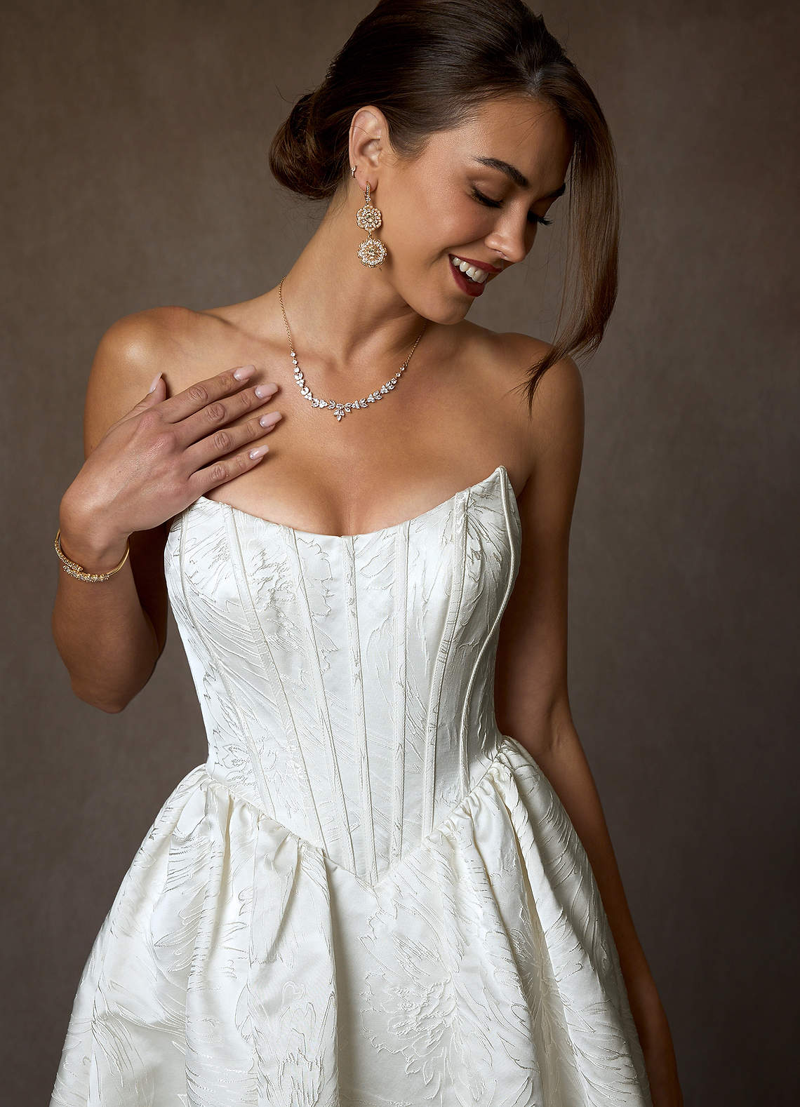 Diamond White Ball-Gown Strapless Floral Jacquard Dress