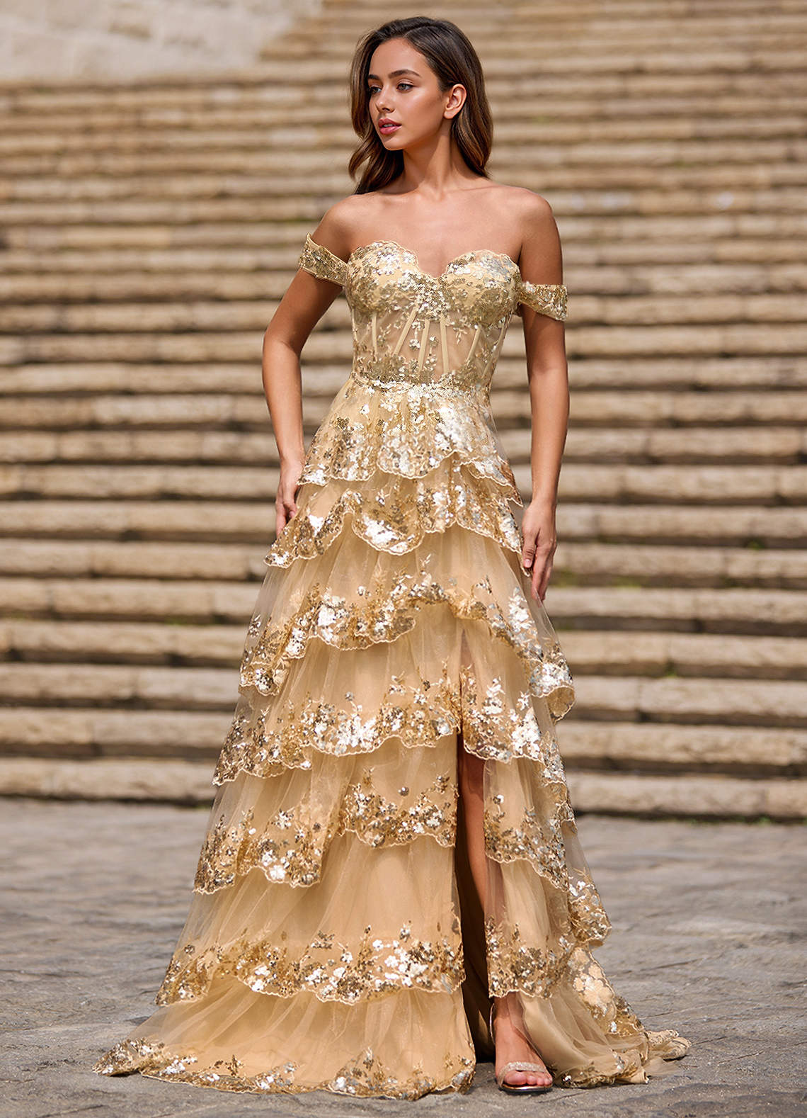 Glitz Champagne Ruffled A-Line Prom Dress  Dress