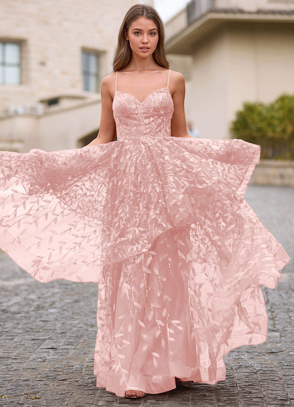 Valentina Pink Embroidered Jacquard Sheer Prom Dress  Dress