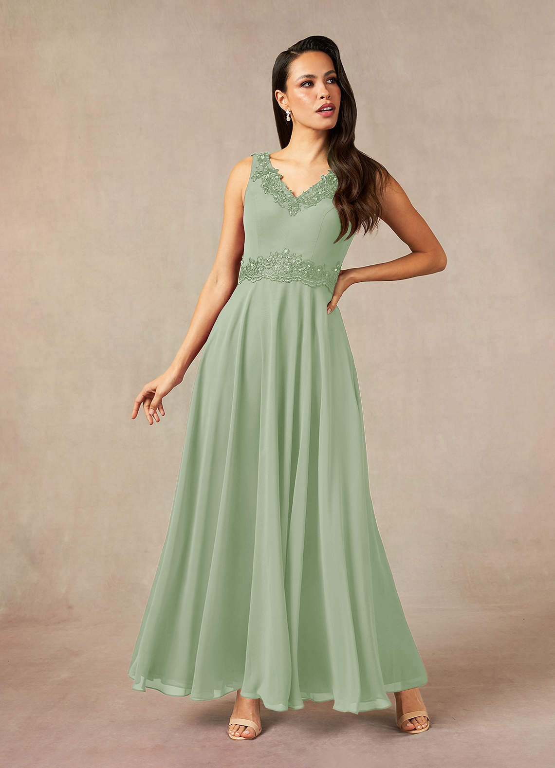 Dusty Sage A-Line Sequins Chiffon Dress