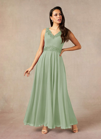 Dusty Sage A-Line Sequins Chiffon Dress