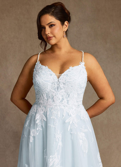Misty Blue A-Line V-Neck Sequins Tulle Dress
