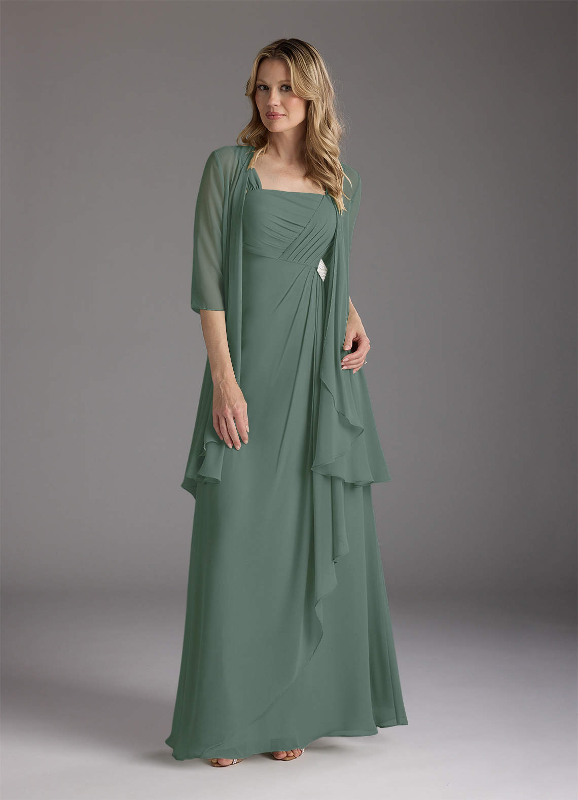 Eucalyptus A-Line Square Neckline Pleated Chiffon Dress