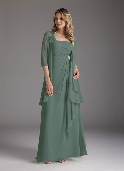 Eucalyptus A-Line Square Neckline Pleated Chiffon Dress