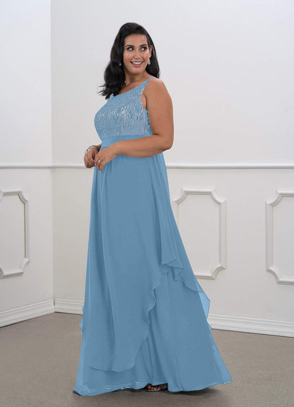 Steel Blue A-Line Lace Chiffon Dress