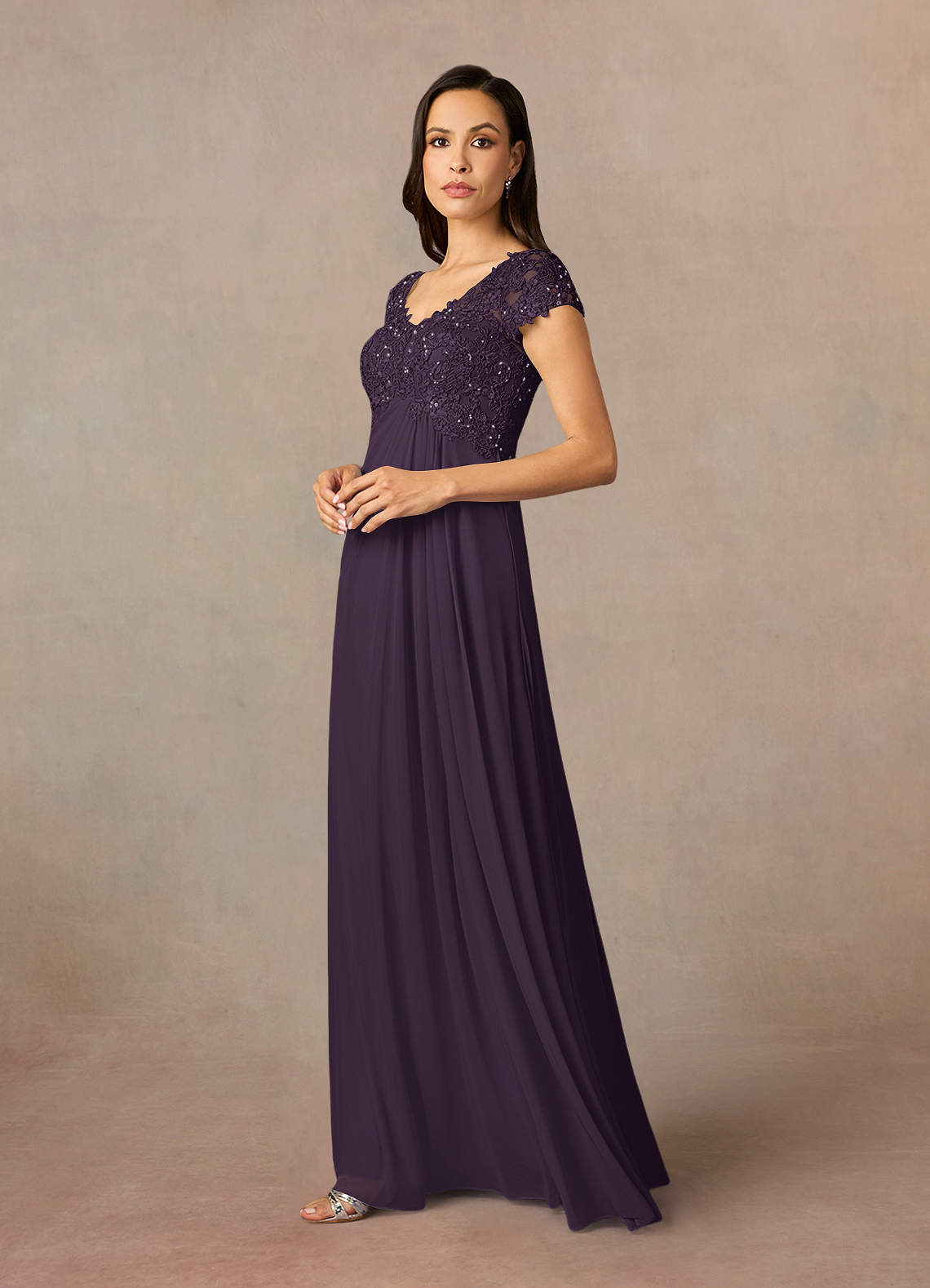 Plum A-Line V-Neck Sequin Lace Lace Dress