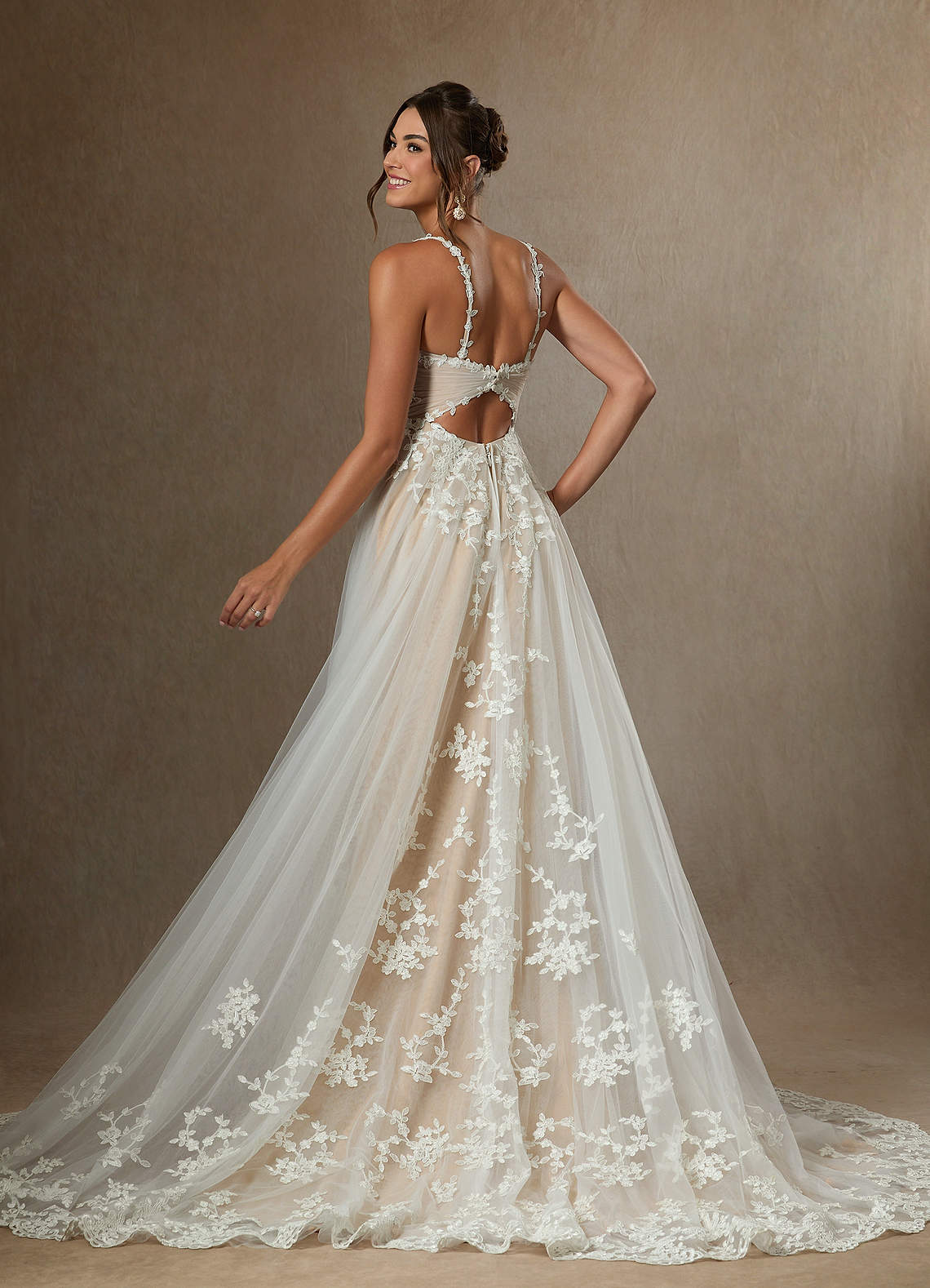 Diamond White Champagne A-Line V-Neck Lace Tulle Dress