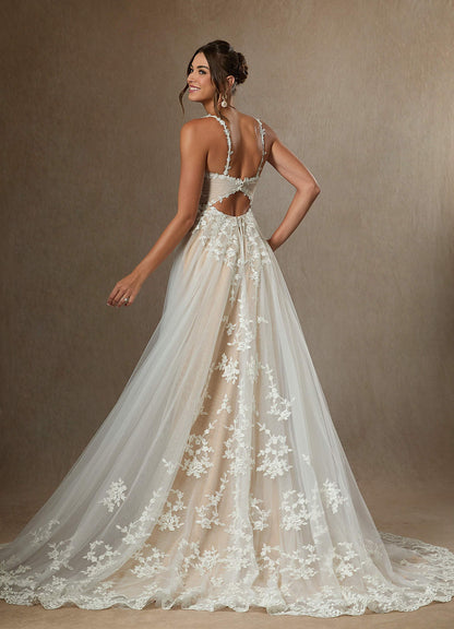 Diamond White Champagne A-Line V-Neck Lace Tulle Dress
