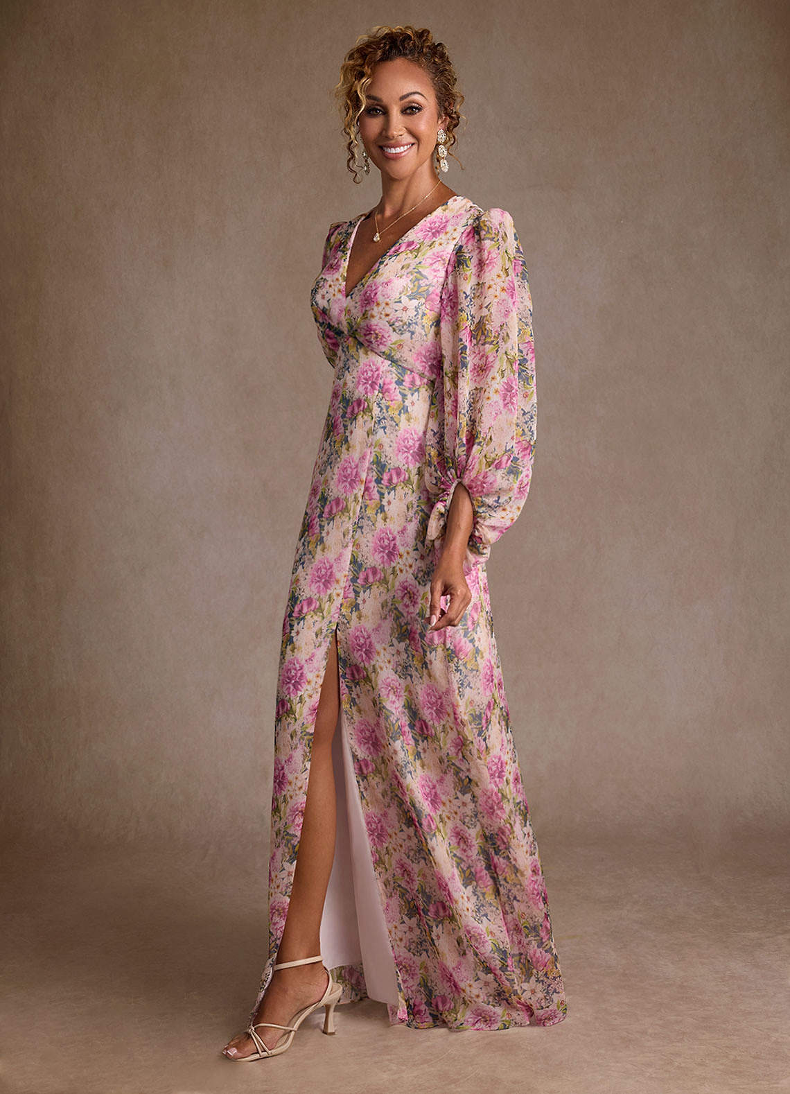 Lavender Floral A-Line Pleated Chiffon Dress