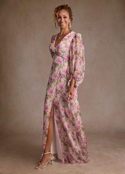 Lavender Floral A-Line Pleated Chiffon Dress