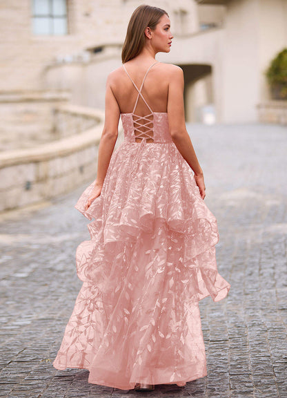 Valentina Pink Embroidered Jacquard Sheer Prom Dress  Dress
