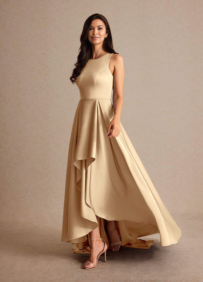 Champagne A-Line Trains Stretch Satin Dress