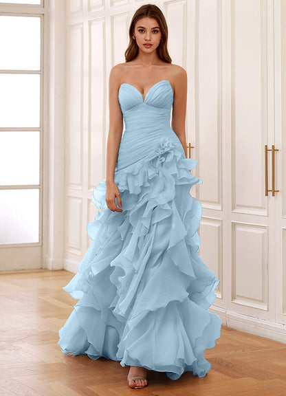 Christabelle Shy Blue Corset Rhinestone Sheer Lace Prom Dress