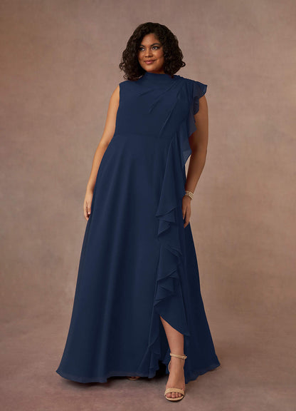 Dark Navy A-Line High Neckline Pleated Chiffon Dress