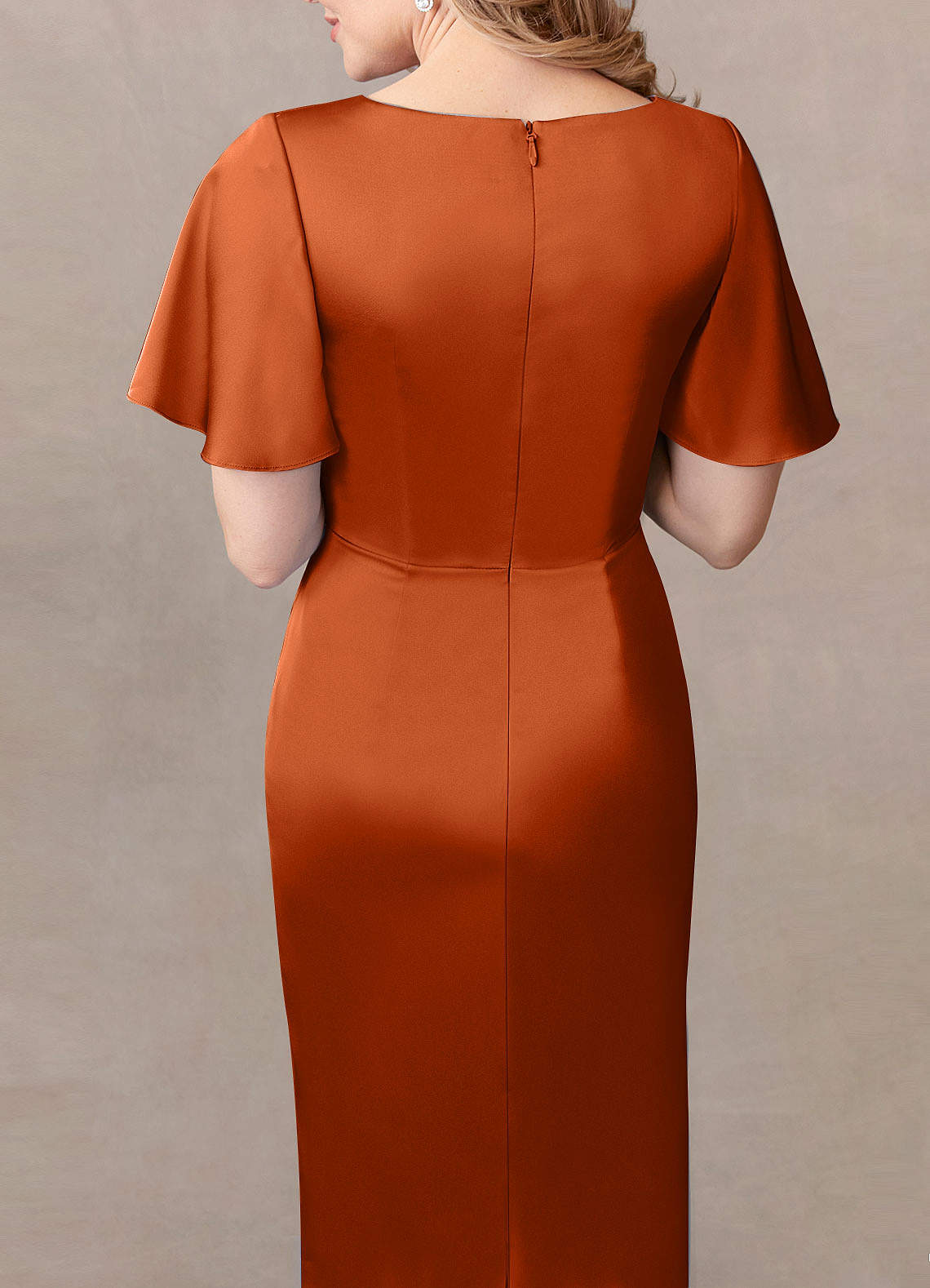 Burnt Orange Sheath Pleated Stretch Satin Dress