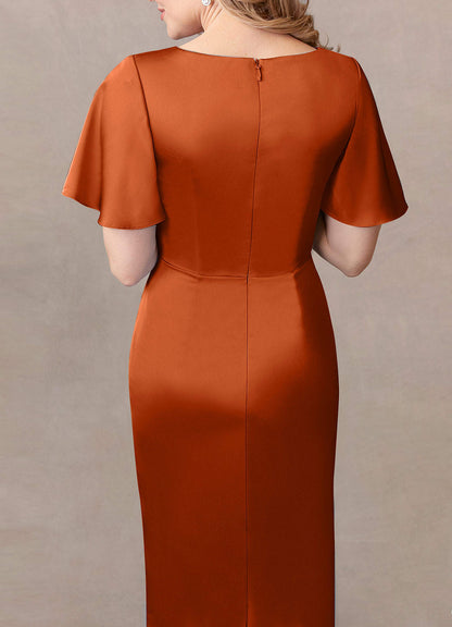 Burnt Orange Sheath Pleated Stretch Satin Dress