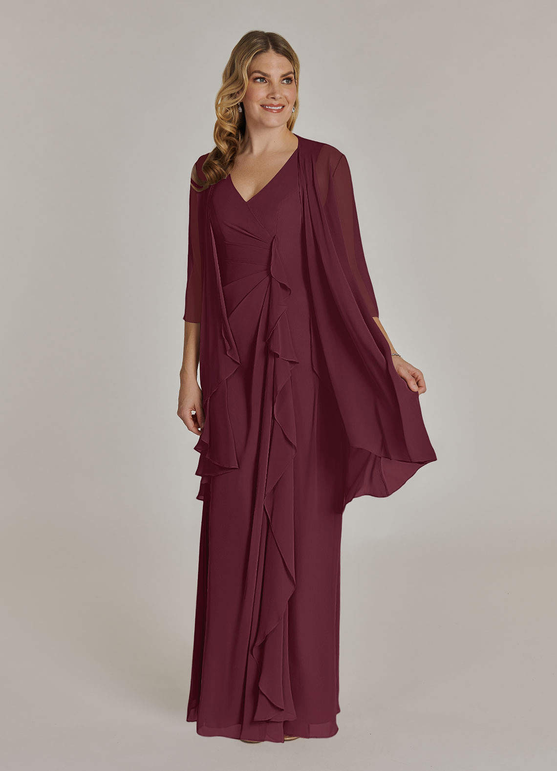 Cabernet A-Line V-Neck Pleated Chiffon Dress