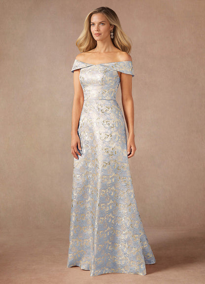 Dusty Blue A-Line Off the Shoulder Jacquard Dress