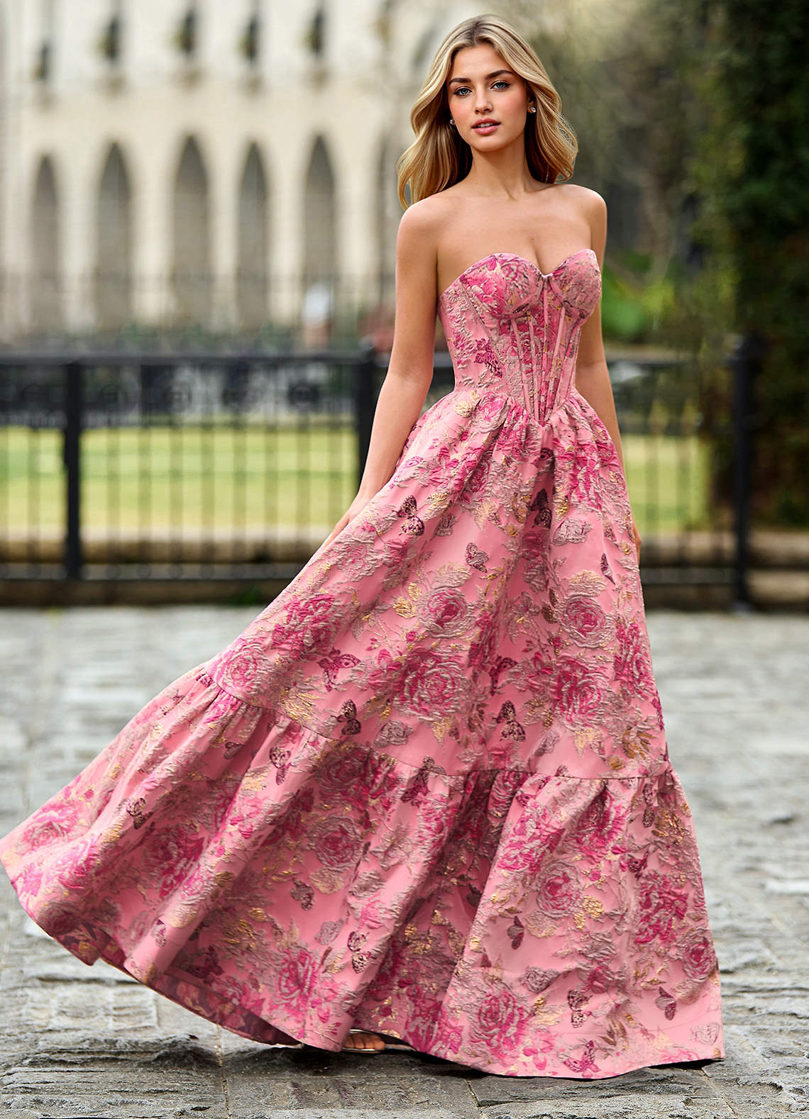 Rosemarnder Rose Pink Jacquard Flowers Prom Dress