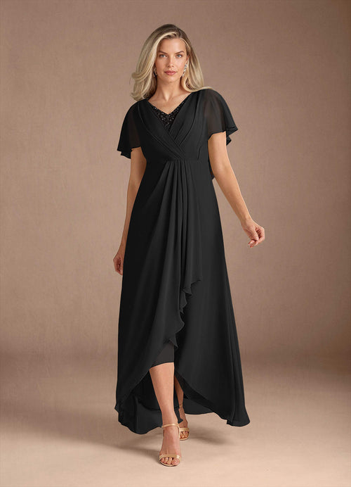 Black A-Line V-Neck Pleated Chiffon Dress
