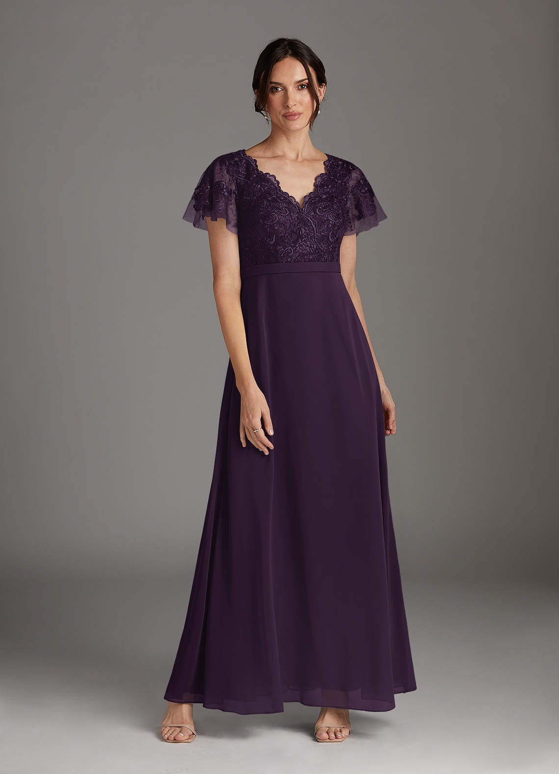 Plum A-Line V-Neck Lace Chiffon Dress