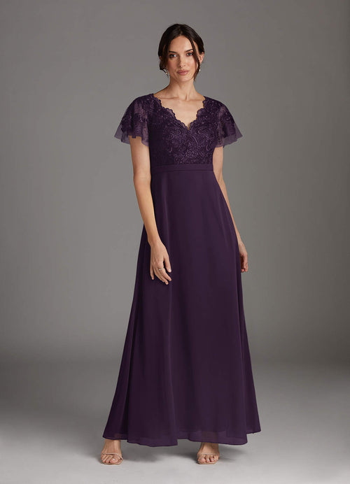 Plum A-Line V-Neck Lace Chiffon Dress