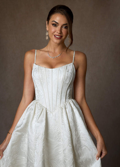 Diamond White Ball-Gown Strapless Floral Jacquard Dress