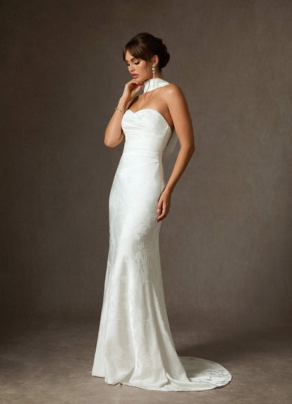 Diamond White Sheath Strapless Floral Jacquard Dress