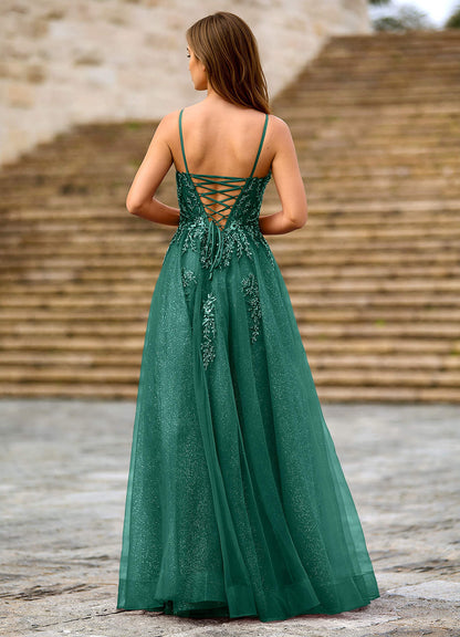 Milliener Dark Green Tulle Flowers Prom Dress