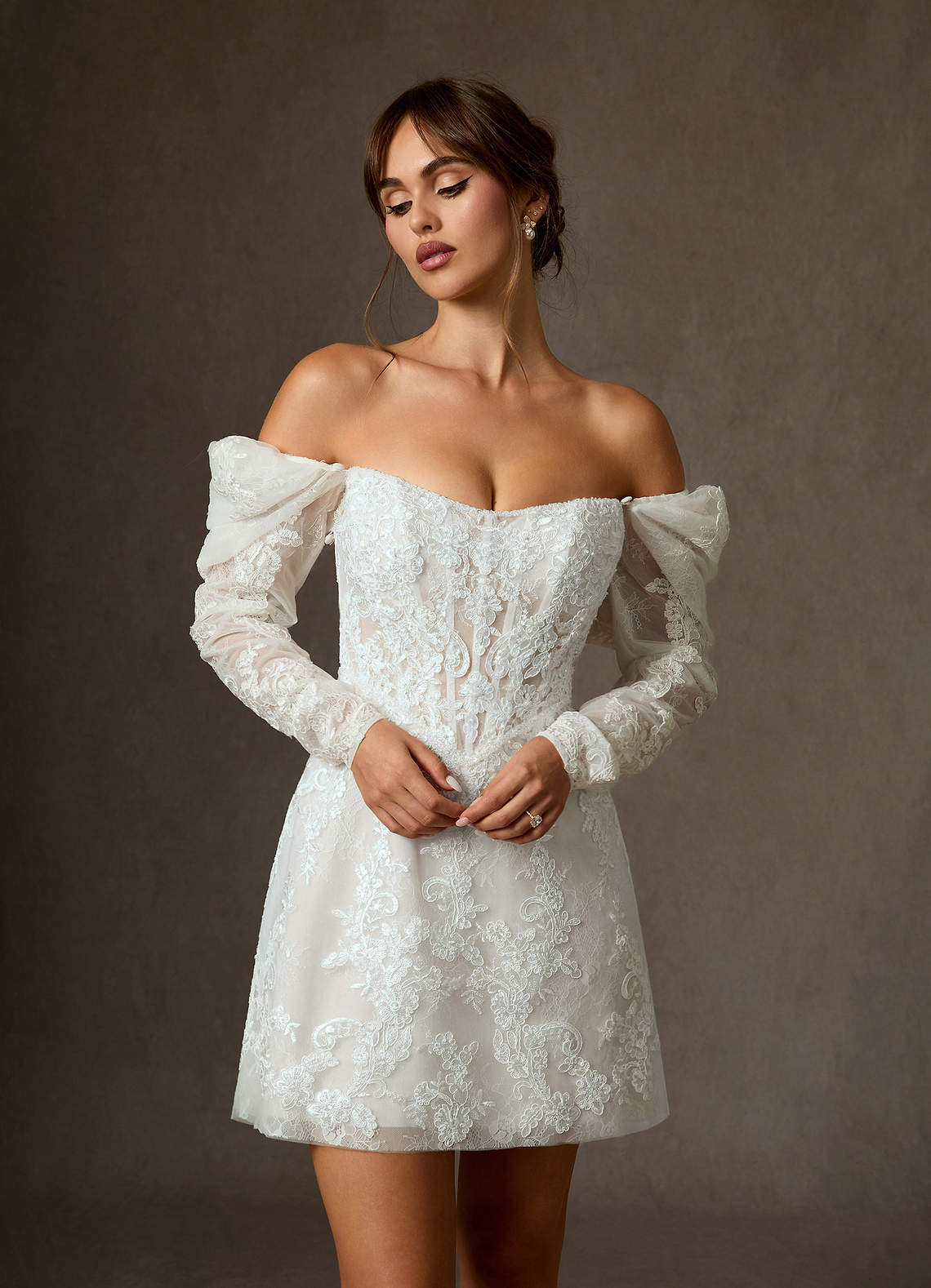 Diamond White A-Line Strapless Lace Dress