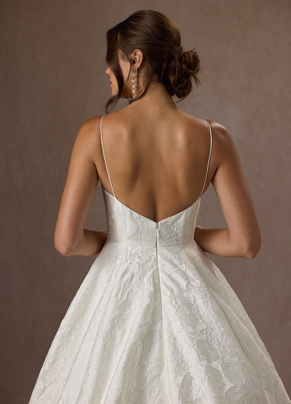 Antique White Ball-Gown with Pockets Floral Jacquard Dress