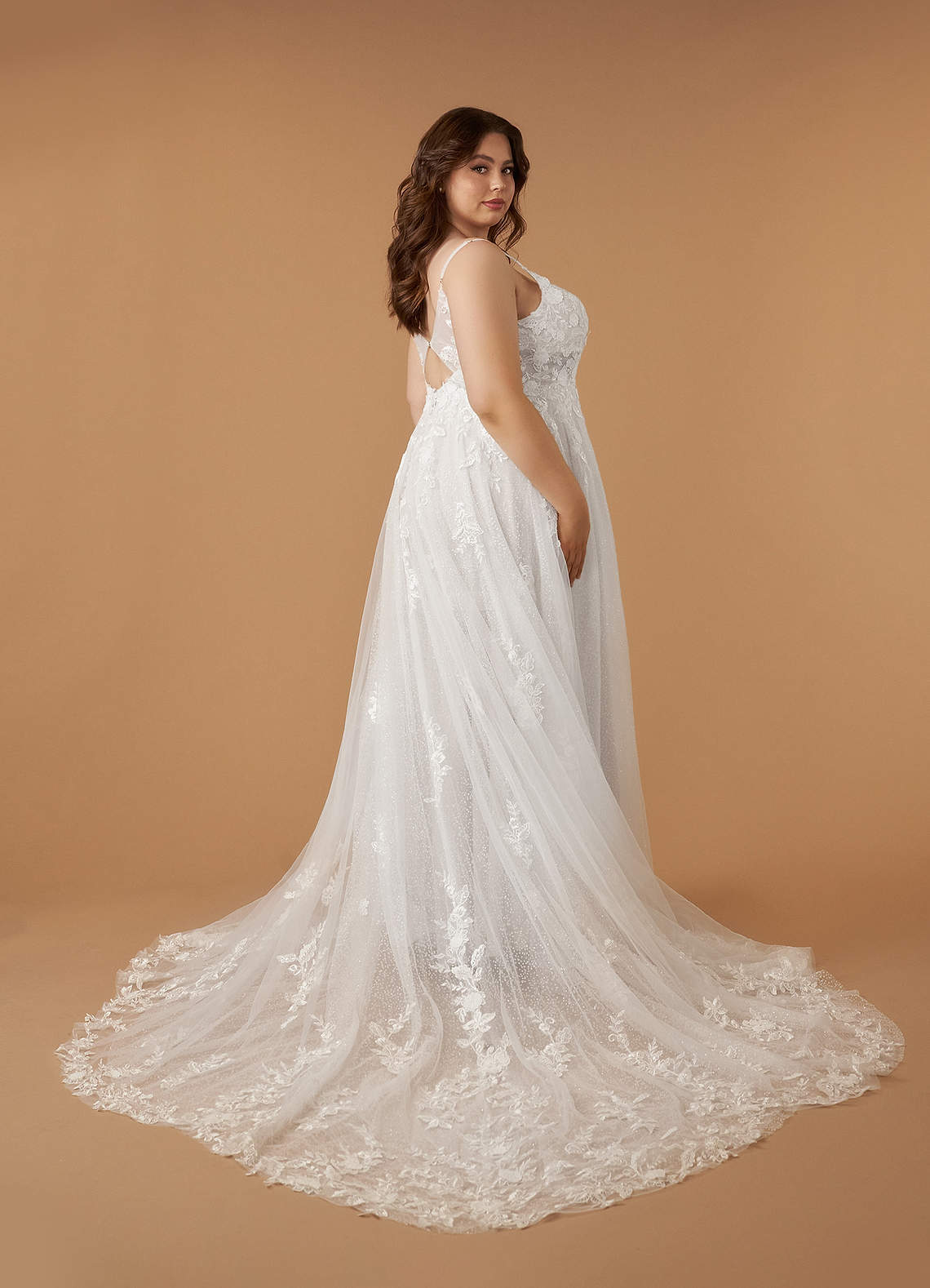 Diamond White A-Line V-Neck Lace Tulle Dress
