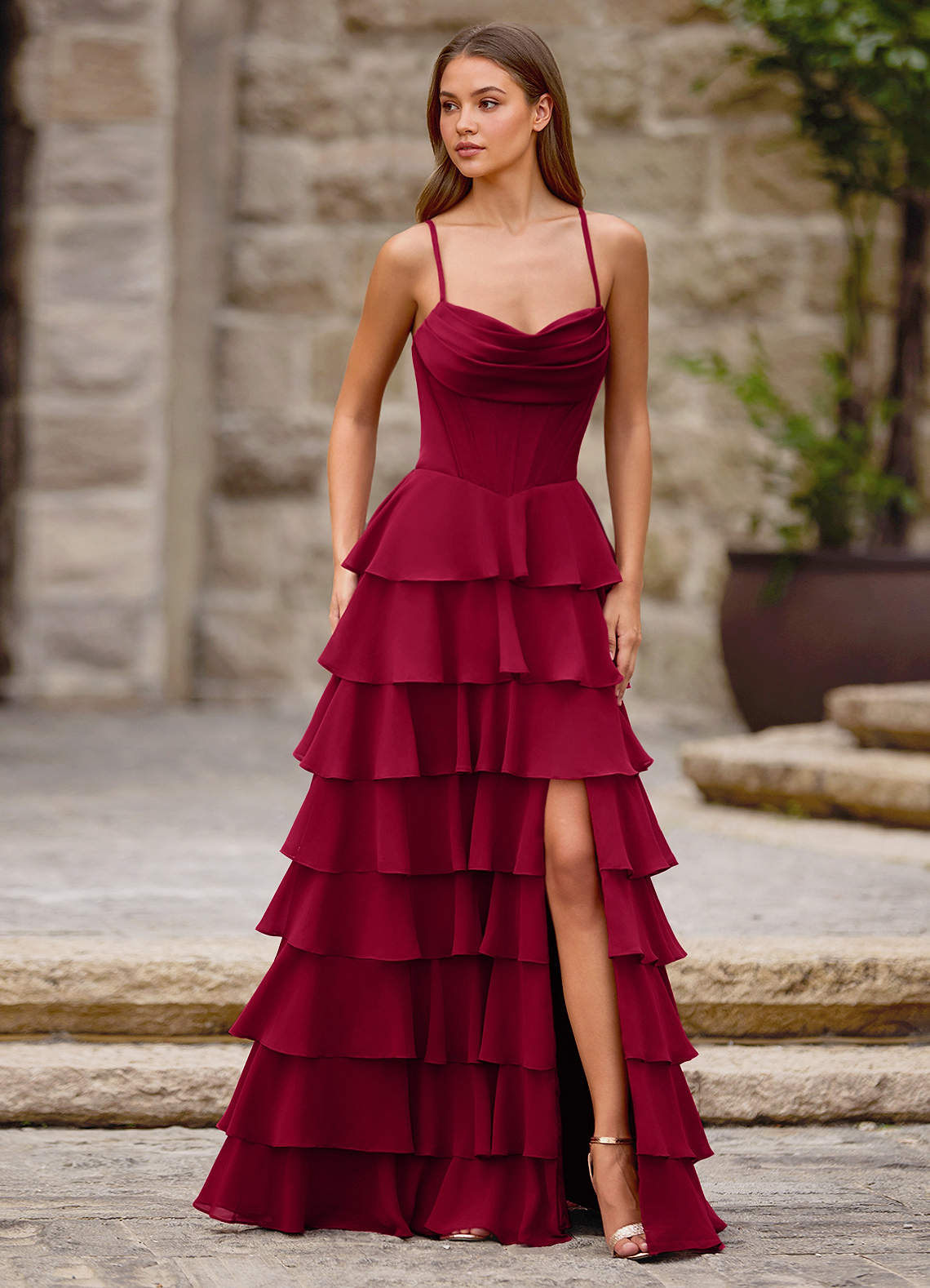 Rhythm Dark Red Ruffled A-Line Prom Dress  Dress