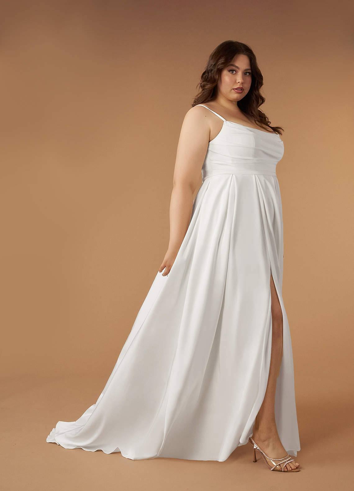 Diamond White A-Line Scoop Pleated Crepe Back Satin Dress