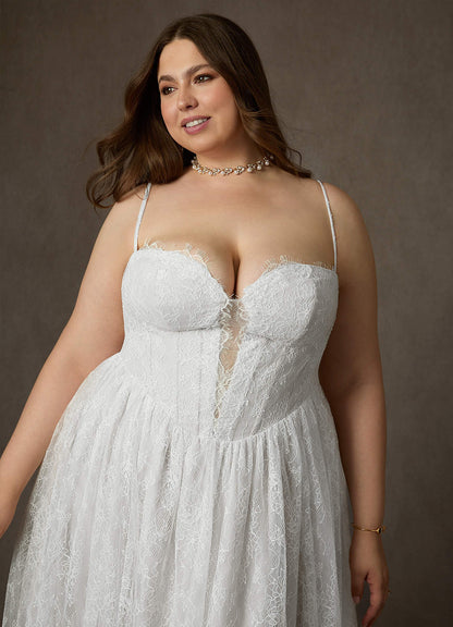 Diamond White A-Line Strapless Lace Dress