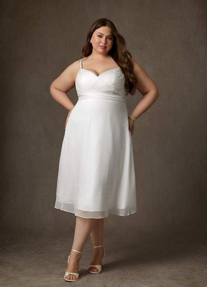 Diamond White A-Line V-Neck Pleated Crinkle Chiffon Dress