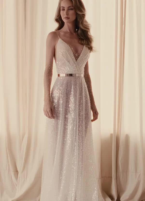 Diamond White Champagne A-Line V-Neck Sequins Sequins Dress
