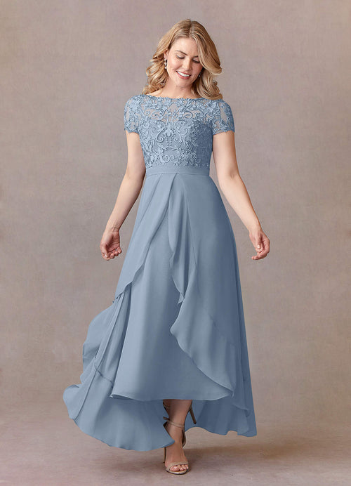 Dusty Blue A-Line Lace Chiffon Dress