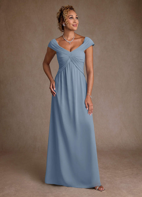Dusty Blue A-Line Pleated Chiffon Dress