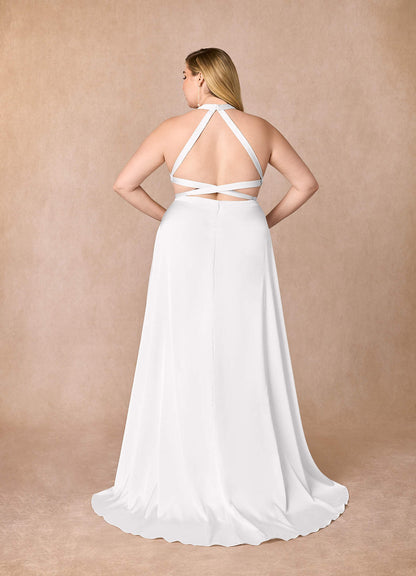 Diamond White A-Line Side Slit Stretch Satin Dress