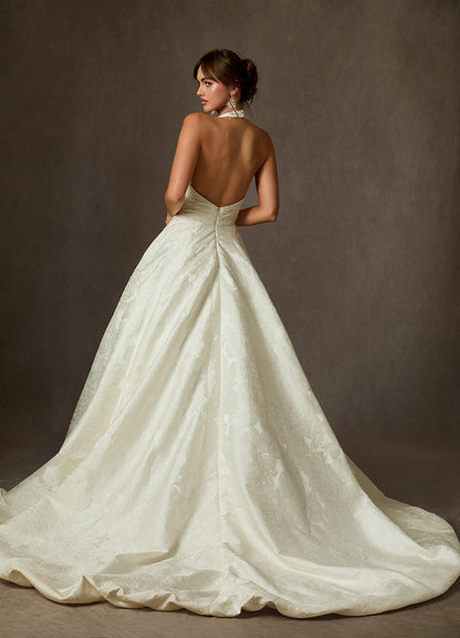 Antique White Ball-Gown with Pockets Floral Jacquard Dress