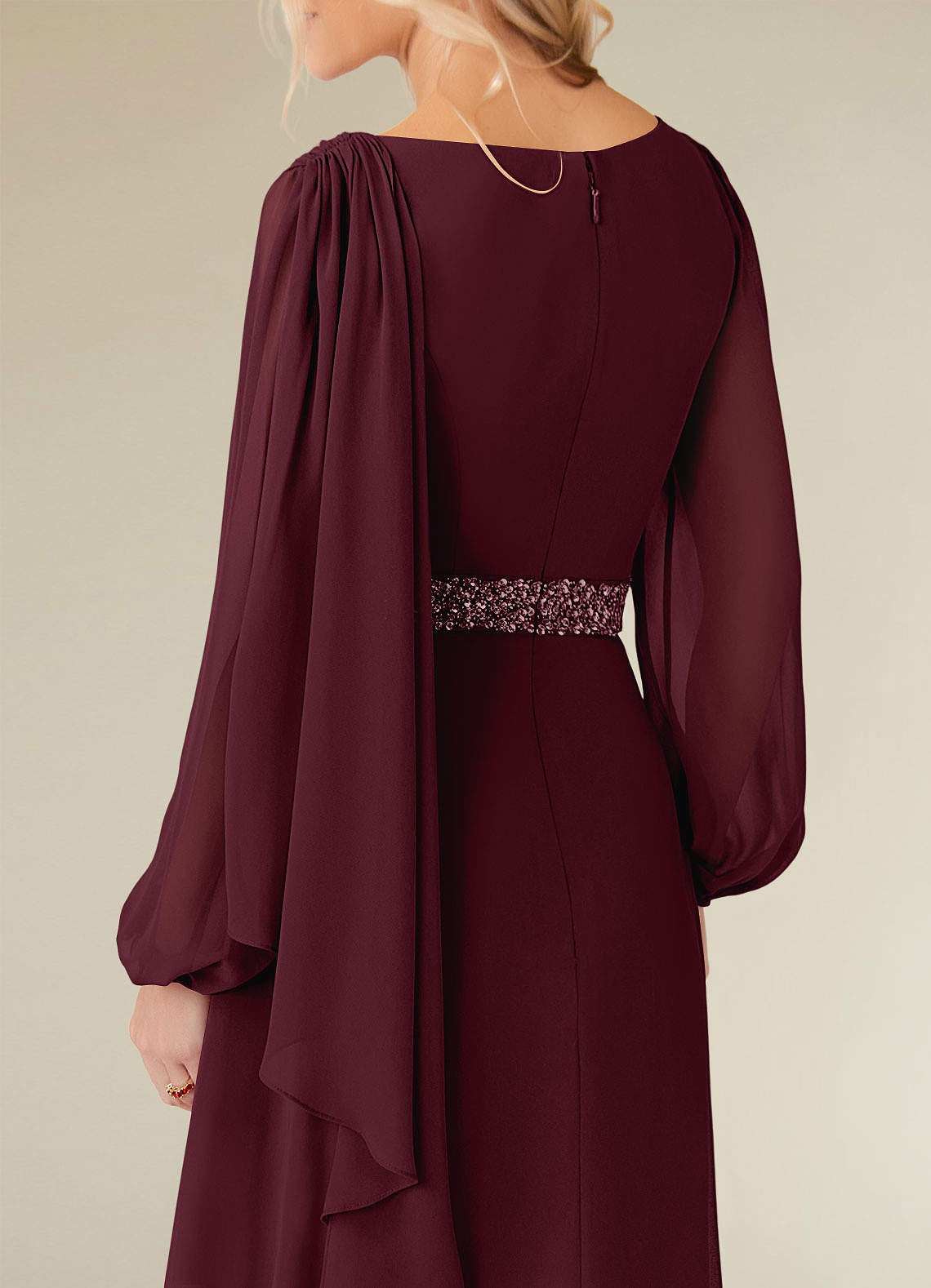 Cabernet A-Line Boatneck Pleated Chiffon Dress