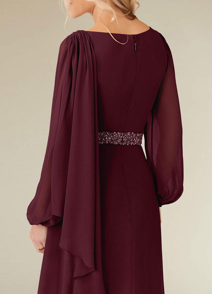 Cabernet A-Line Boatneck Pleated Chiffon Dress