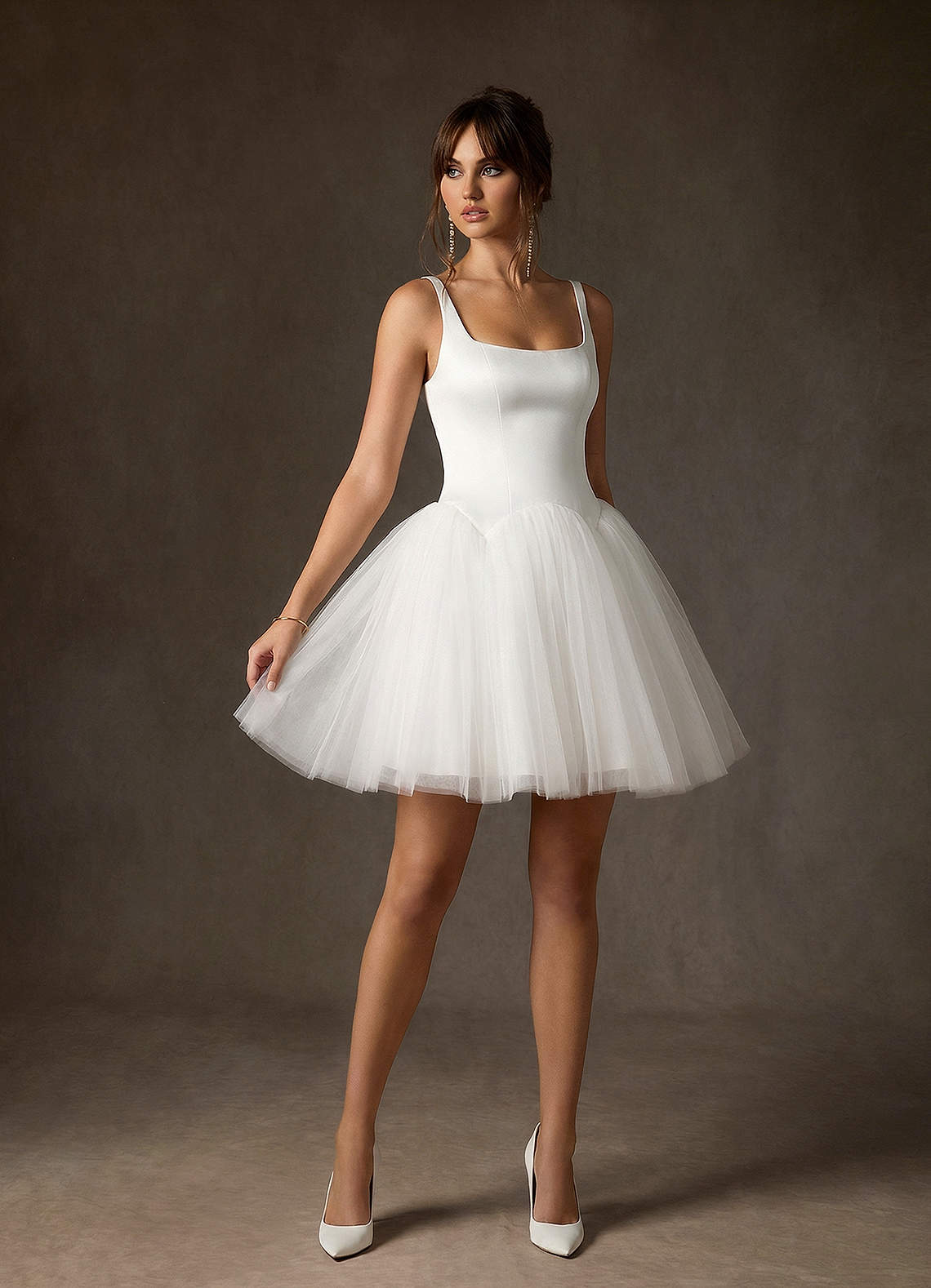 Diamond White A-Line Square Neckline Tulle Dress