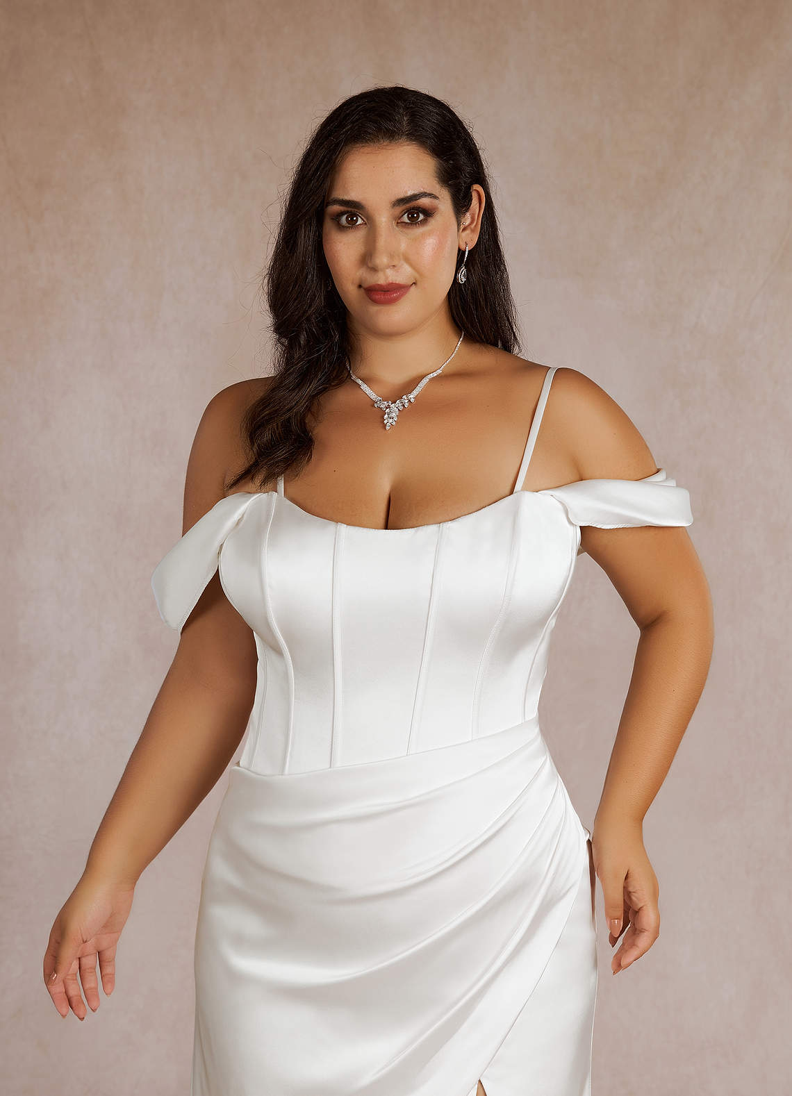 Diamond White Mermaid Off the Shoulder Stretch Satin Dress