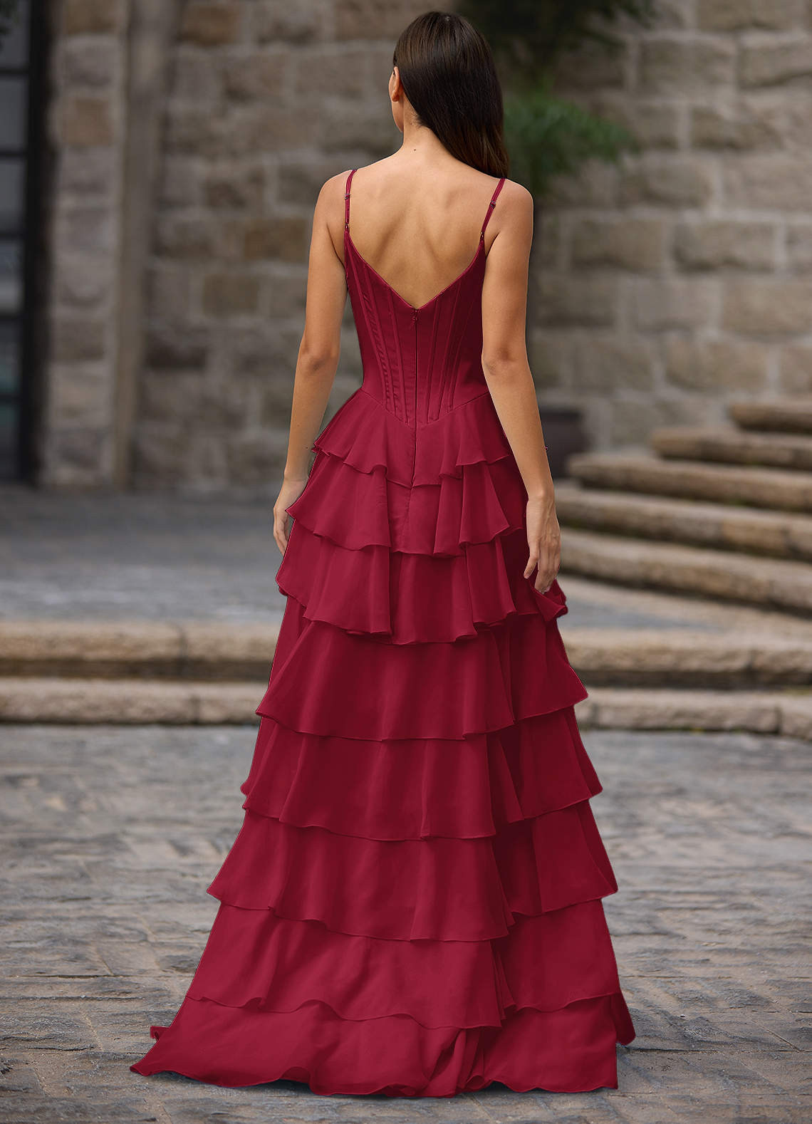 Floralace Merlot Ruffled A-Line Prom Dress