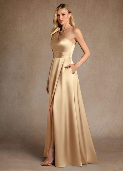 Champagne A-Line One Shoulder Stretch Satin Dress