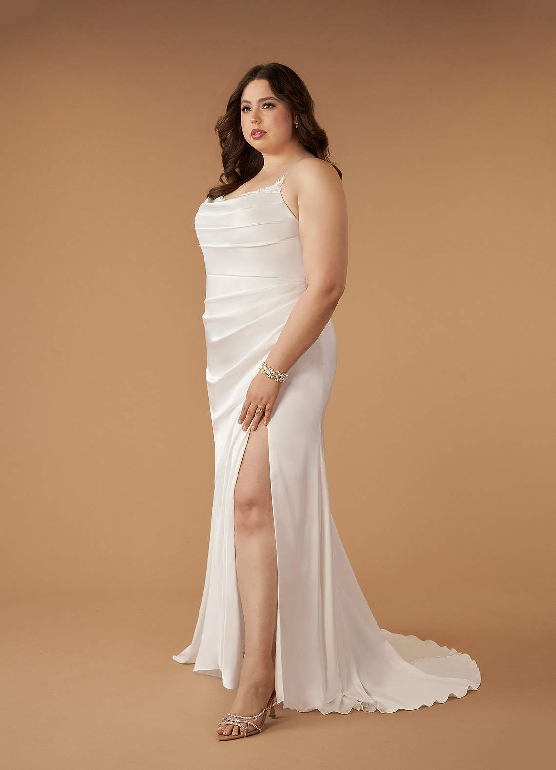Diamond White Mermaid V-Neck Stretch Satin Dress