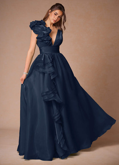 Vespera Navy Ruffles Gown  Dress